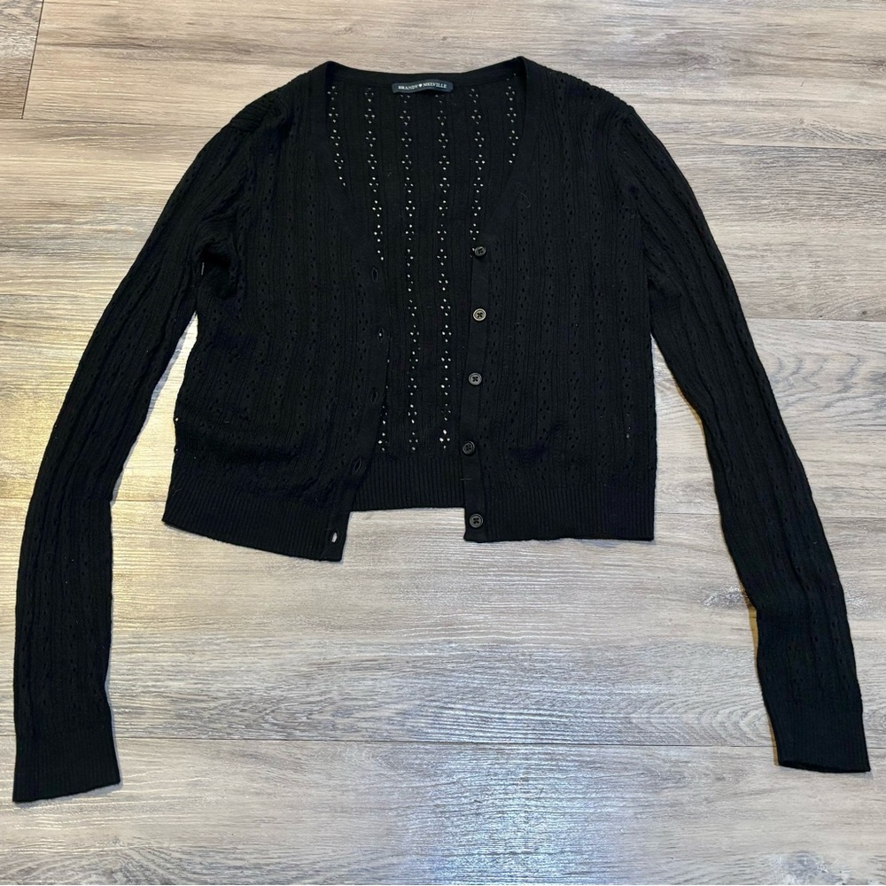 Brandy Melville black v neck pointelle button crop cardigan sweater Sz small - Picture 2 of 10